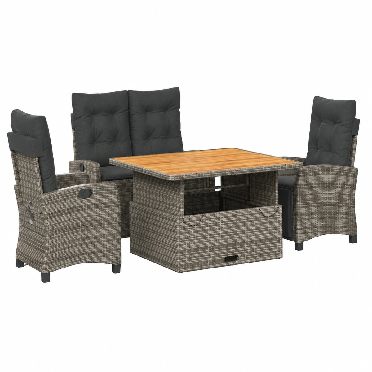 Salon de jardin, 4 pièces, inclinable, avec coussin, en résine tressée, coloris gris, pour la terrasse ou le jardin