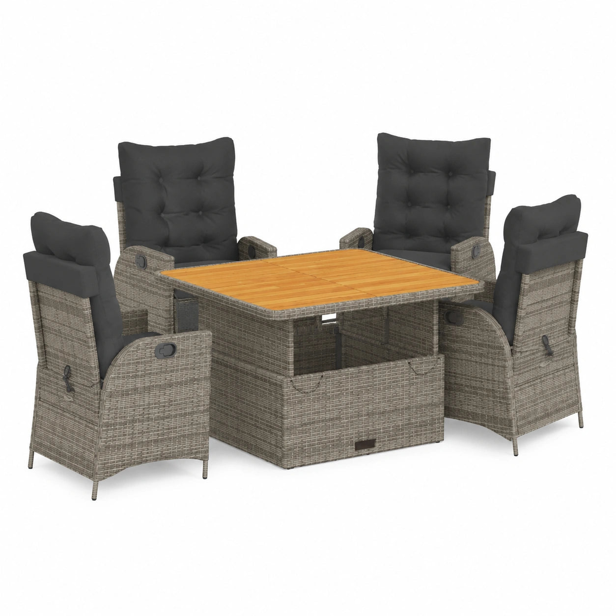 Salon de jardin, 4 pièces, inclinable, avec coussin, en résine tressée, coloris gris, pour la terrasse ou le jardin