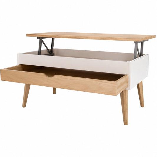Table basse, avec tiroirs, coloris blanc et naturel, 100 x 50 x 48 cm, pour le salon